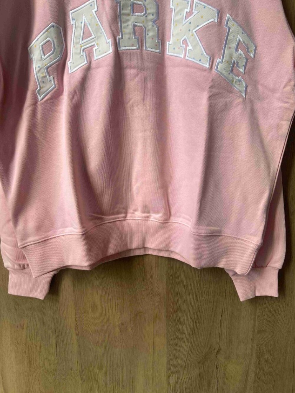 PARKE Confetti Letter Mock Neck Pullover Pink Casual Fleece Sweatshirt - Picture 4 of 5
